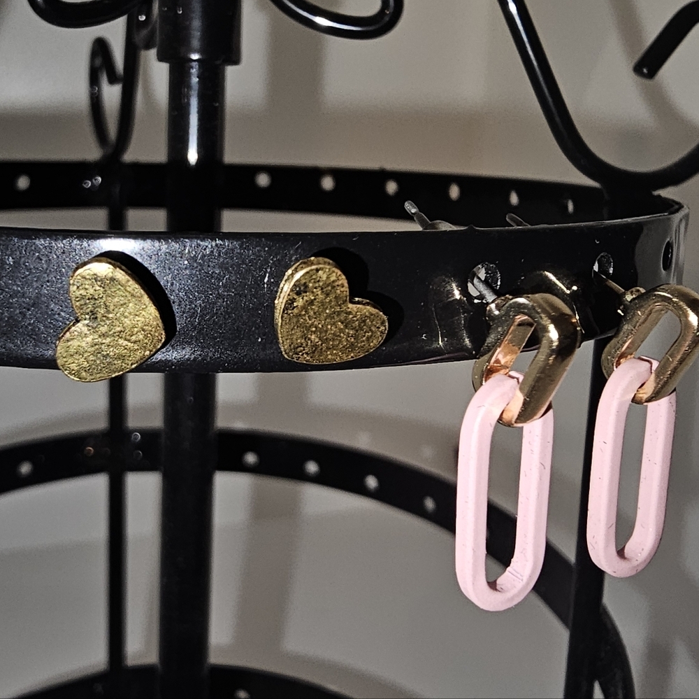 Set Of Golden Heart Stud And Pink Dangle Earrings (2 Pairs)